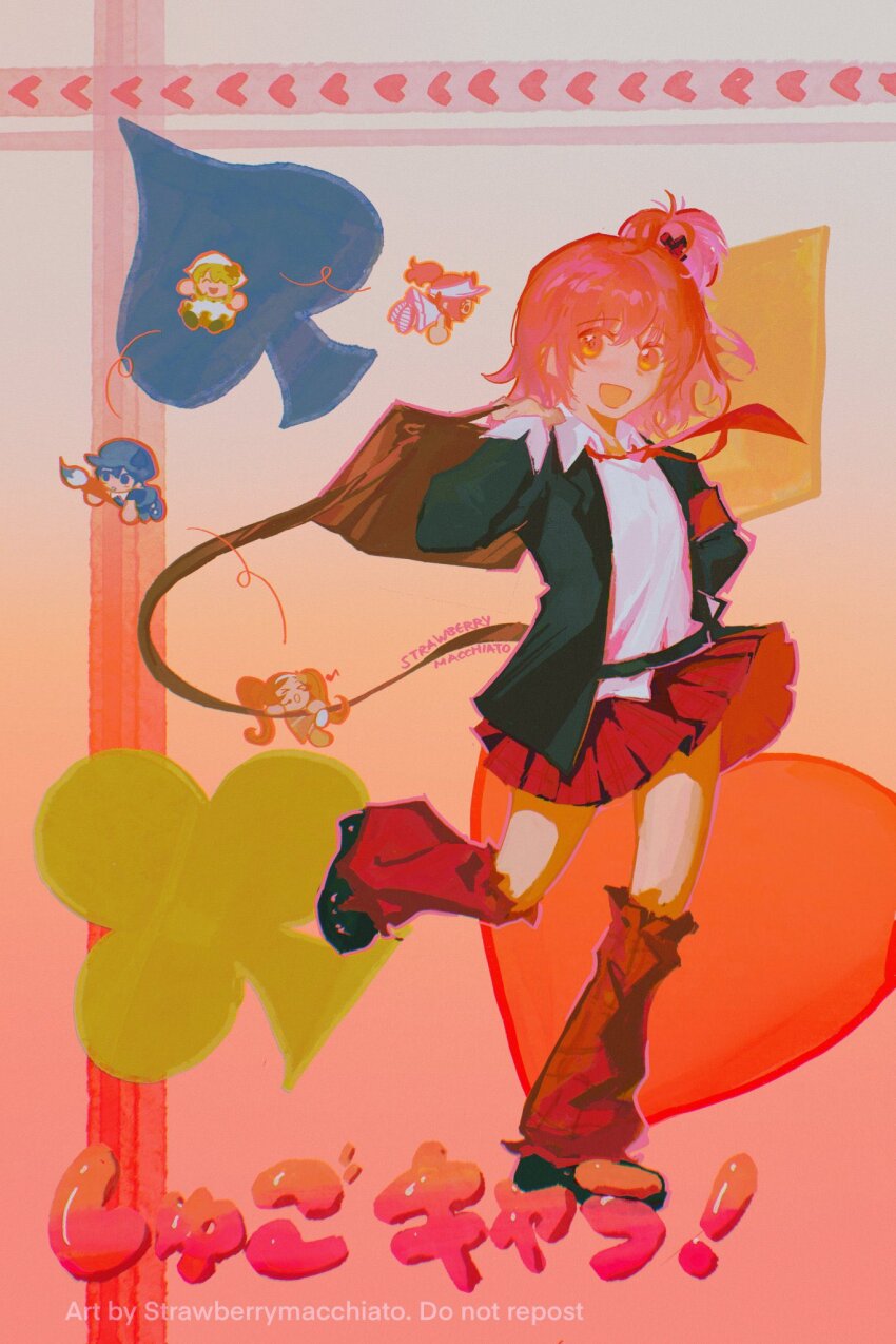 5girls artist_name bag black_jacket blue_hair club_(shape) collared_shirt commentary dia_(shugo_chara!) diamond_(shape) full_body green_hair guardian_chara hat heart highres hinamori_amu holding holding_bag jacket leg_warmers looking_at_viewer medium_hair miki_(shugo_chara!) mini_person minigirl multiple_girls musical_note necktie open_mouth orange_hair pink_hair ran_(shugo_chara!) red_leg_warmers red_necktie red_skirt sberrymacchiato school_bag school_uniform shirt shugo_chara! skirt spade_(shape) suu_(shugo_chara!) twintails visor_cap white_shirt