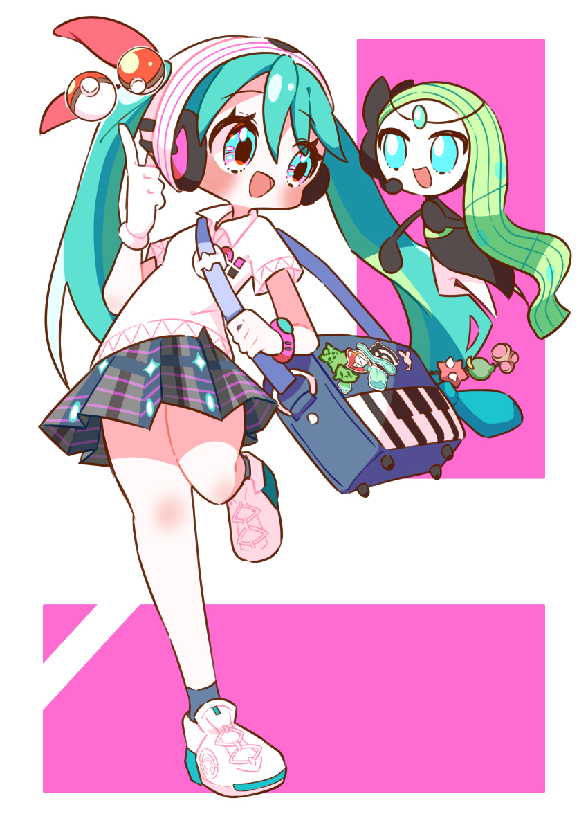 1girl absurdres bag black_socks blue_hair clefairy commentary eyelashes gen_1_pokemon gen_2_pokemon gen_3_pokemon gen_5_pokemon gen_7_pokemon gloves gulpin hair_between_eyes hatsune_miku headphones highres legendary_pokemon long_hair looking_at_another matsuri_iv meloetta minior miniskirt mythical_pokemon nintendo no_feet open_mouth plaid_clothes plaid_skirt poke_ball pokemon pokemon_(creature) project_voltage psychic psychic_miku_(project_voltage) shirt short_sleeves skirt socks sticker twintails unown unown_m vocaloid vs_seeker white_footwear white_gloves white_shirt