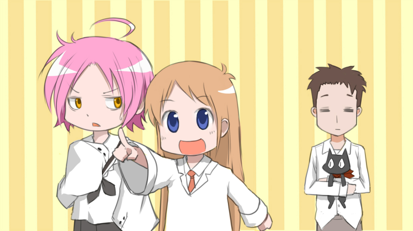 00s 1boy 2girls ahoge cat child crossover dafei kogami_akira konno_hiromi lab_coat lucky_star multiple_girls nichijou professor_shinonome sakamoto_(nichijou) school_uniform serafuku shiraishi_minoru shiraishi_minoru_(voice_actor) tokisadame_school_uniform voice_actor_connection
