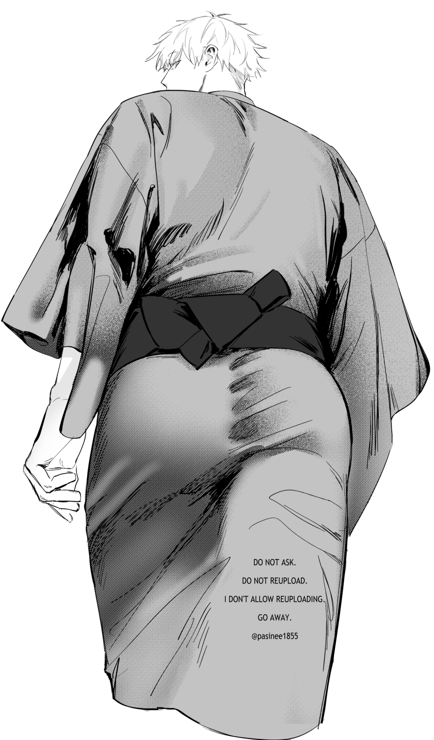 1boy absurdres ass ass_focus commentary_request cropped_legs from_below gojou_satoru highres japanese_clothes jujutsu_kaisen looking_at_viewer looking_back male_focus pasinee1855 short_hair simple_background solo thai_commentary white_background