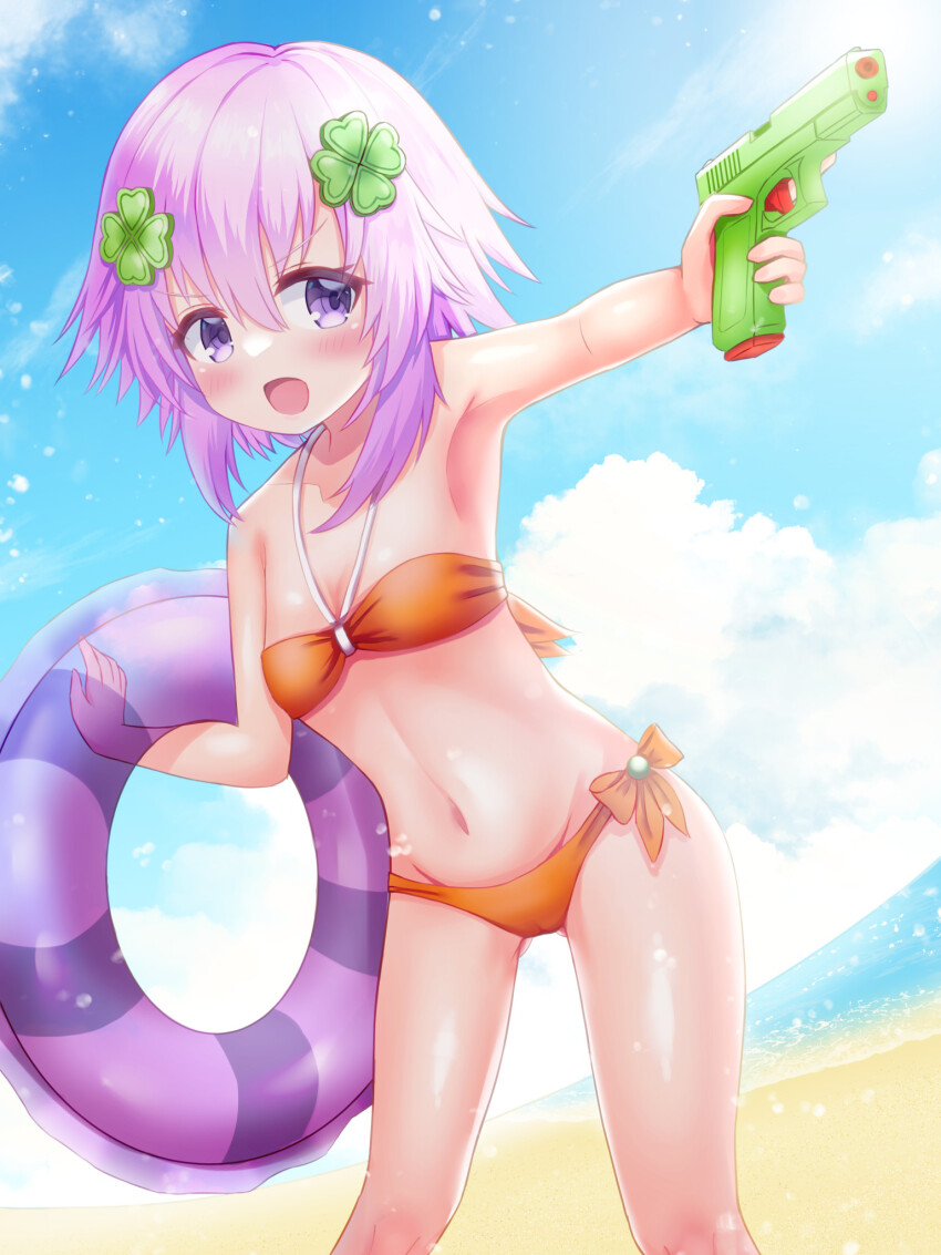 1girl beach bikini blue_sky blush commentary day eima flat_chest hair_ornament highres holding holding_water_gun navel neptune_(neptunia) neptune_(series) open_mouth orange_bikini outdoors purple_eyes purple_hair short_hair sky solo swim_ring swimsuit water water_gun