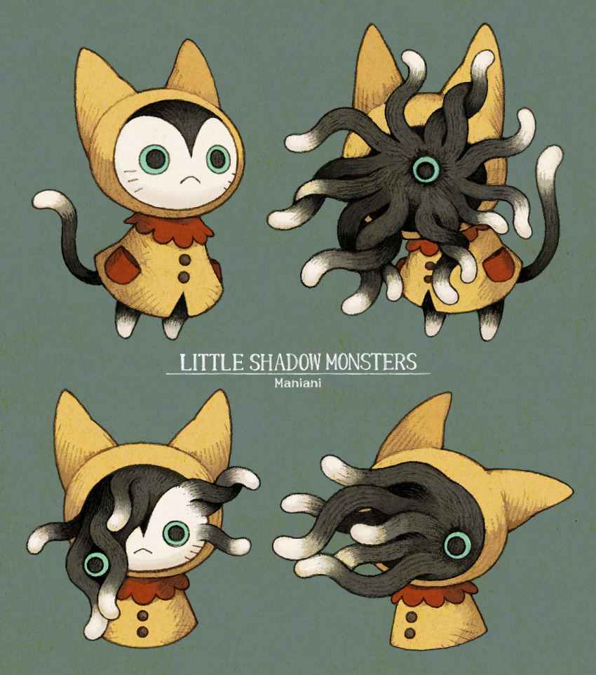 1other :&lt; animal animal_ears animal_hood aqua_eyes artist_name buttons cat cat_hood cat_tail character_name closed_mouth clothed_animal coat covered_face creature cropped_torso english_text extra_eyes facial_mark full_body furry green_background green_eyes hands_in_pockets highres hood hood_up hooded_coat horizontal_pupils looking_at_viewer maniani monster multiple_views no_humans original other_focus simple_background standing tail tentacles whisker_markings whiskers white_cat yellow_coat