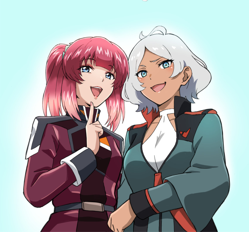 2girls agnes_giebenrath asticassia_school_uniform blue_background blue_eyes blush breasts commentary_request dark-skinned_female dark_skin green_eyes grey_hair gundam gundam_seed gundam_seed_freedom gundam_suisei_no_majo hair_ornament halterneck highres jacket komagoma large_breasts leotard lipstick long_hair long_sleeves looking_at_viewer makeup military_uniform multiple_girls open_mouth pink_hair purple_eyes red_hair school_uniform secelia_dote short_hair smile twintails zaft_uniform