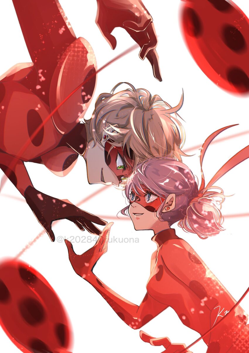 1boy 1girl adrien_agreste blonde_hair blue_eyes blue_hair bodysuit commentary dated_commentary eye_mask face-to-face green_eyes hair_ribbon highres k202840fukuona ladybug_(character) marinette_dupain-cheng miraculous_ladybug misterbug_(character) red_bodysuit red_mask red_ribbon ribbon short_hair smile twintails twitter_username yo-yo