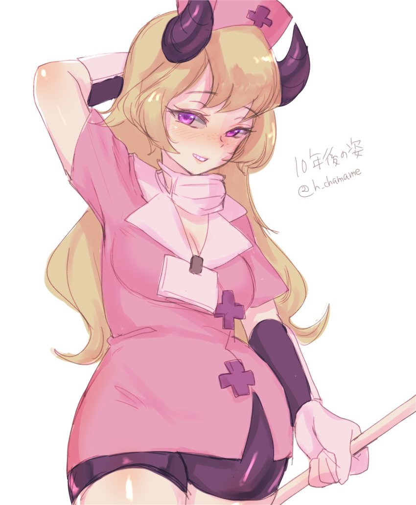 1girl alternate_hairstyle bike_shorts blonde_hair blush chamame freckles grin hat highres horns long_hair medical_scrubs name_tag nurse_cap patty_(skullgirls) purple_eyes skullgirls smile solo white_hair