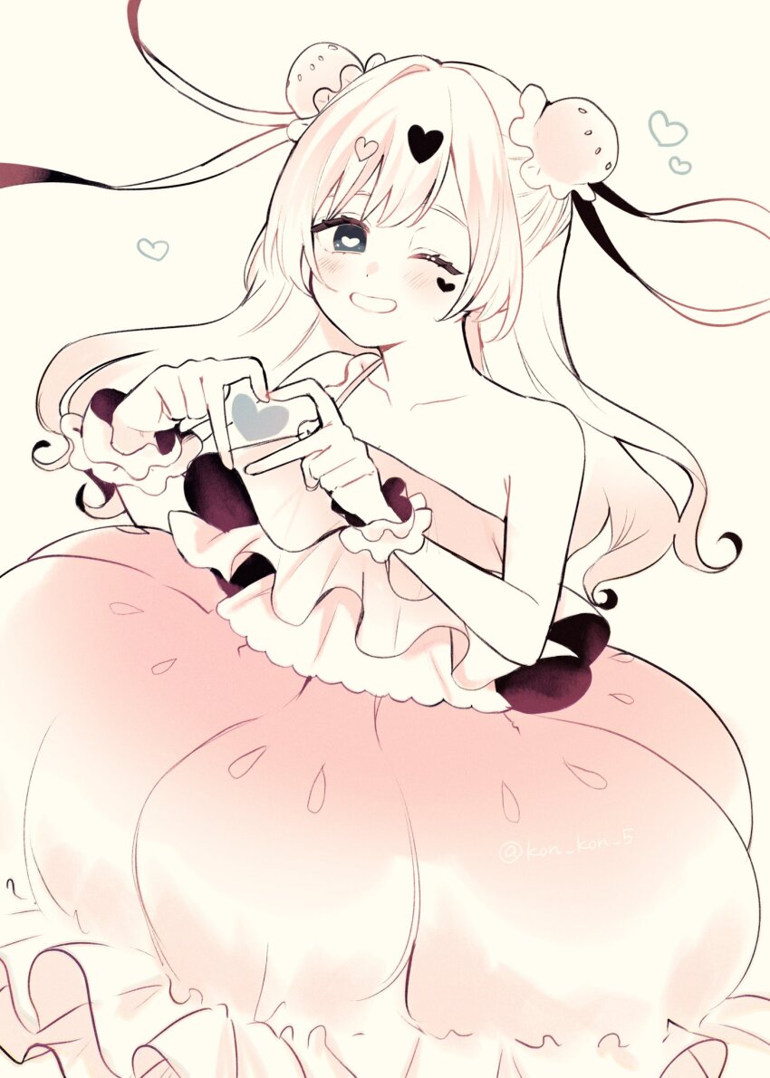 1girl asymmetrical_dress blush bun_cover collarbone cowboy_shot curly_hair double_bun dress facial_mark four-finger_heart_hands frilled_dress frilled_straps frilled_wrist_cuffs frills hair_bun hair_ornament hair_ribbon happy heart heart-shaped_pupils heart_facial_mark heart_hair_ornament heart_hands heart_sticker highres ima_(kon_kon_5) jellyfish_girl jellyfish_hair_ornament kedarui_aashii kimi_no_koto_ga_dai_dai_dai_dai_daisuki_na_100-nin_no_kanojo long_hair looking_at_viewer mark_under_eye monochrome official_alternate_costume official_alternate_hairstyle one_eye_closed open_mouth parted_bangs puffy_dress raised_eyebrows ribbon simple_background single_bare_shoulder single_strap solo symbol-shaped_pupils twitter_username two_side_up wrist_cuffs