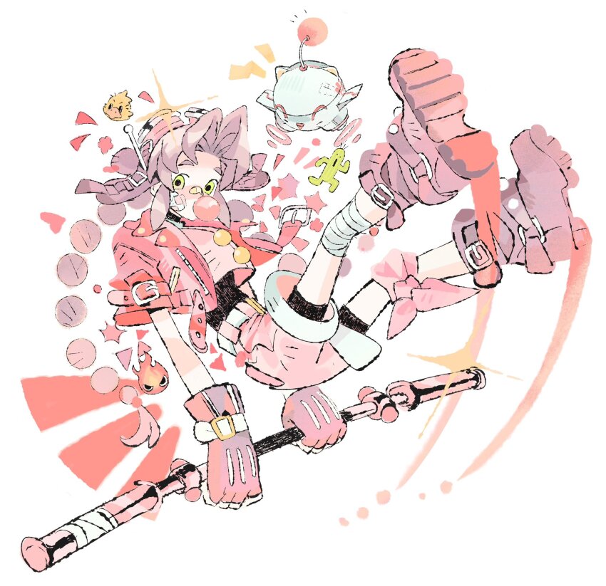 1girl aerith_gainsborough braid cactus chewing_gum chocobo cropped_jacket final_fantasy final_fantasy_vii fingerless_gloves full_body gloves highres jacket jaysoysaucee looking_at_viewer moogle pink_gloves pink_hair pink_jacket pink_shorts sabotender shoe_soles shorts