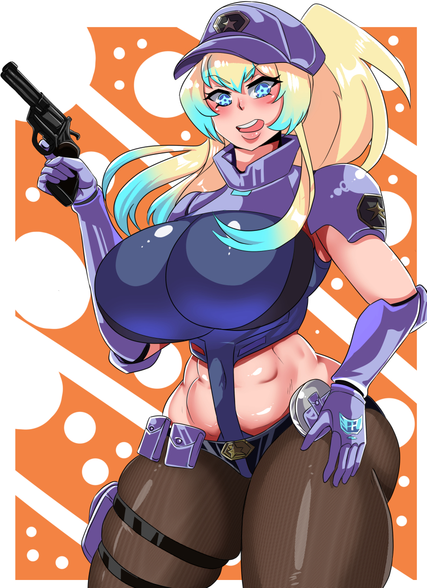 1girl absurdres belt belt_pouch black_belt blonde_hair blue_eyes blue_hair breasts ceru_foxhound covered_navel cuffs cyborg facial_mark gear5 grey_hat gun hand_on_own_hip handcuffs handgun hat highres holding holding_weapon large_breasts long_hair mechanical_hands multicolored_hair pantyhose police police_uniform policewoman pouch revolver solo star_(symbol) star_in_eye streaked_hair symbol_in_eye vallure weapon