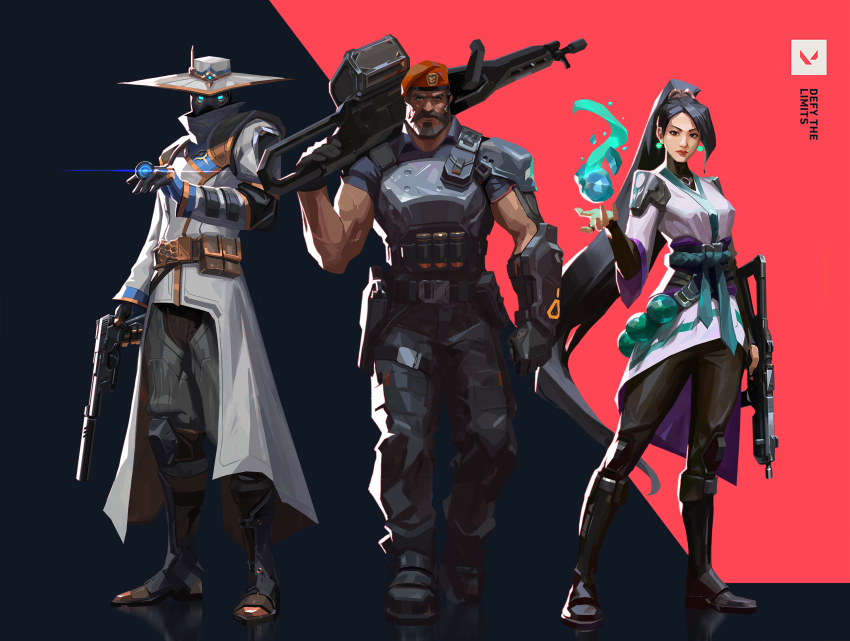 1girl beard belt beret black_belt black_hair black_pants brimstone_(valorant) clenched_hand commentary copyright_name cypher_(valorant) earrings english_commentary facial_hair full_body green_eyes gun hair_behind_ear handgun hat highres holding holding_gun holding_weapon jacket jewelry long_hair mask muscular muscular_male mustache official_art open_hand orb pants pistol ponytail red_headwear sage_(valorant) snatti standing submachine_gun suppressor v-shaped_eyebrows valorant very_long_hair weapon white_headwear white_jacket