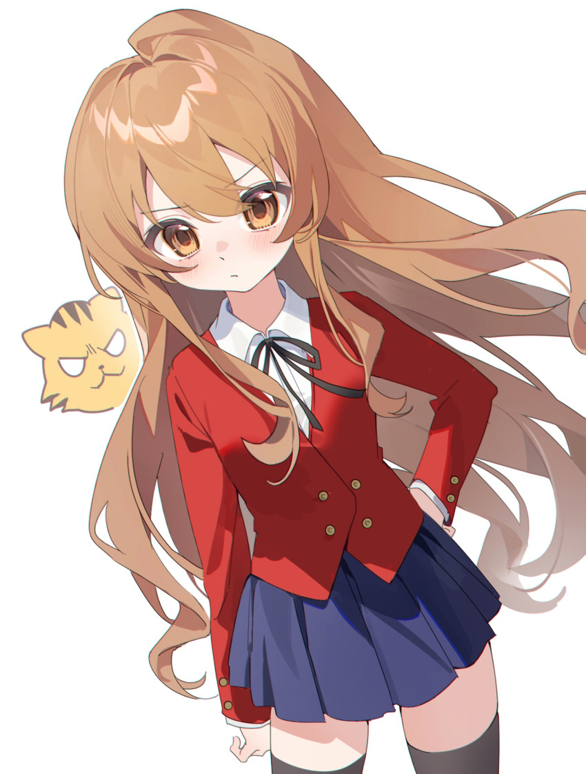 1girl aisaka_taiga black_ribbon blue_skirt blush brown_eyes brown_hair collared_shirt commentary_request cowboy_shot highres jacket long_hair long_sleeves looking_at_viewer neck_ribbon oohashi_high_school_uniform palmtop_tiger pleated_skirt red_jacket ribbon school_uniform shirt simple_background skirt standing thighhighs tiger toradora! white_background white_shirt yunweishukuang zettai_ryouiki