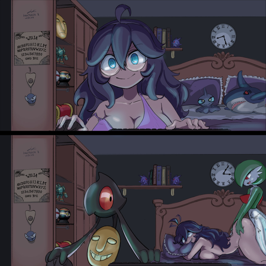 1boy 1girl 2koma @_@ afterimage ahoge ahoge_wag artist_name bare_shoulders bed biting biting_pillow black_eyes blue_eyes bob_cut book bookend bra breasts cleavage clock closed_mouth collarbone colored_sclera colored_skin comic completely_nude computer_keyboard computer_mouse dark dated dr.k_(anonym) drooling english_text expressive_hair from_side gardevoir gastly gen_1_pokemon gen_3_pokemon gen_5_pokemon gengar gimmighoul gimmighoul_(chest) glasses gold_mask golurk green_hair green_skin hair_between_eyes happy hetero hex_maniac_(pokemon) hex_maniac_(pokemon_xy) highres hugging_object indoors interspecies kneeling large_breasts long_hair looking_at_viewer looking_back looking_down looking_up luxury_ball motion_lines multicolored_skin multiple_views night nintendo nude on_bed open_mouth ouija pillow pillow_hug pink_bra poke_ball poke_ball_symbol pokemon pokemon_(creature) pokemon_xy premier_ball purple_hair red_eyes red_sclera rolling_eyes roman_numeral round_eyewear saliva sex sex_from_behind sharpedo short_hair shuppet sidelocks signature smile split_mouth strap_slip top-down_bottom-up trap treasure_chest two-tone_skin underwear v-shaped_eyebrows waist_grab white_skin yamask