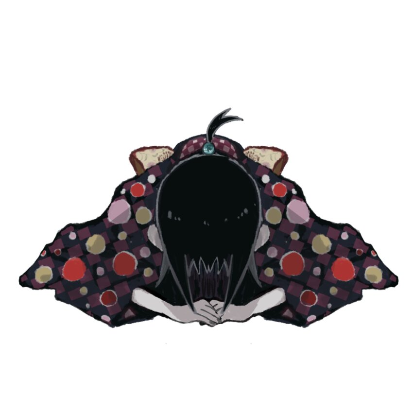 1girl black_hair black_kimono checkered_clothes checkered_kimono colored_skin commentary_request dogeza full_body grey_skin head_down highres japanese_clothes kaga_ai kimono long_sleeves low_ponytail multicolored_kimono namekuji_(kagaai_love) polka_dot polka_dot_kimono ponytail red_kimono sayonara_zetsubou_sensei short_ponytail sidelocks simple_background solo straight-on white_background wide_sleeves