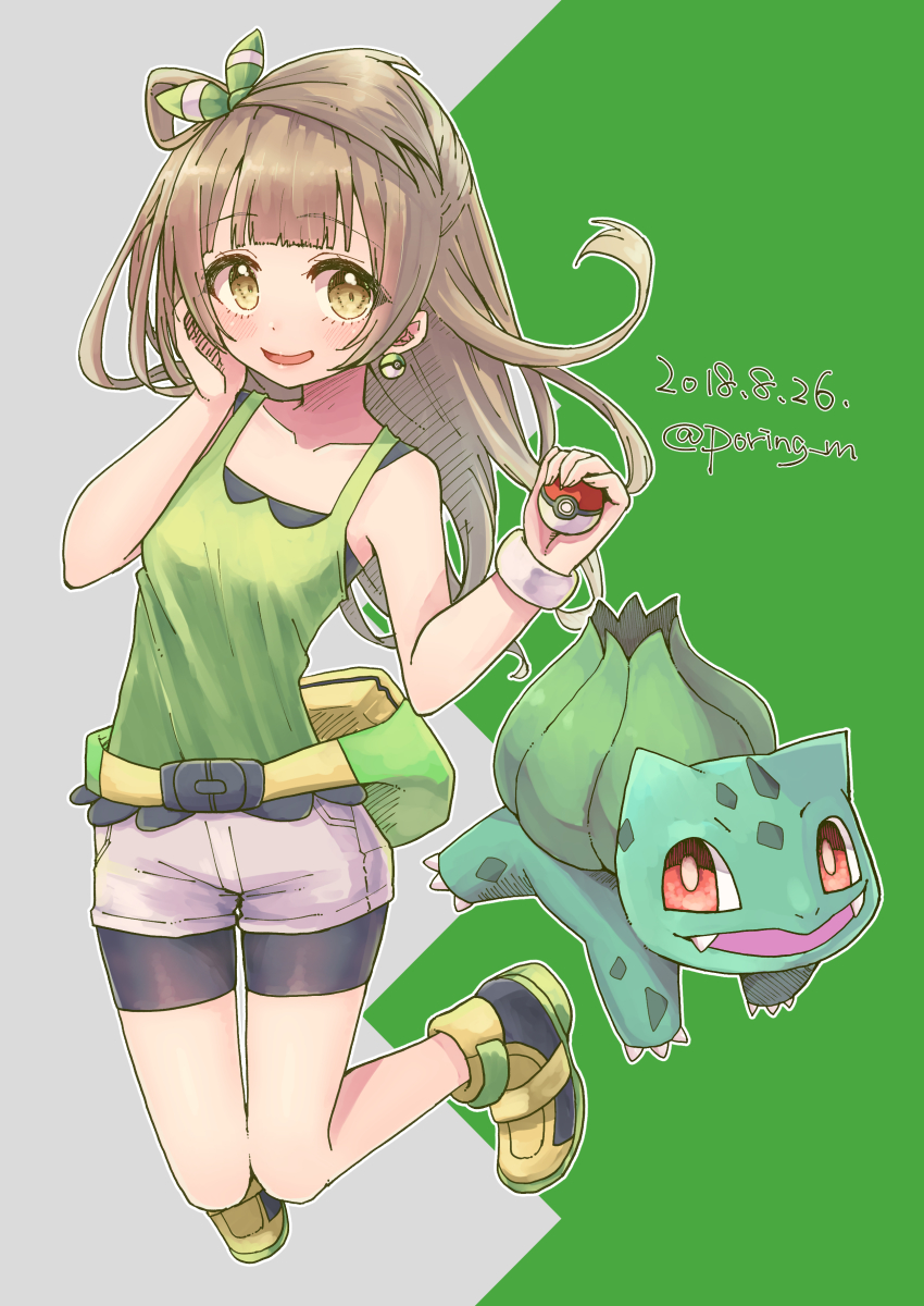10s 1girl 2018 absurdres alternate_color artist_name bad_id bad_pixiv_id bike_shorts black_shorts bow brown_eyes bulbasaur collarbone cosplay dated earrings floating_hair full_body gen_1_pokemon grey_hair grey_shirt hair_bow hand_on_own_cheek hand_on_own_face highres holding holding_poke_ball jewelry jumping legs_up long_hair looking_at_viewer love_live! love_live!_school_idol_project may_(pokemon) may_(pokemon)_(cosplay) minami_kotori miyamae_porin nintendo poke_ball poke_ball_earrings pokemon shirt short_shorts shorts shorts_under_shorts sleeveless sleeveless_shirt white_shorts