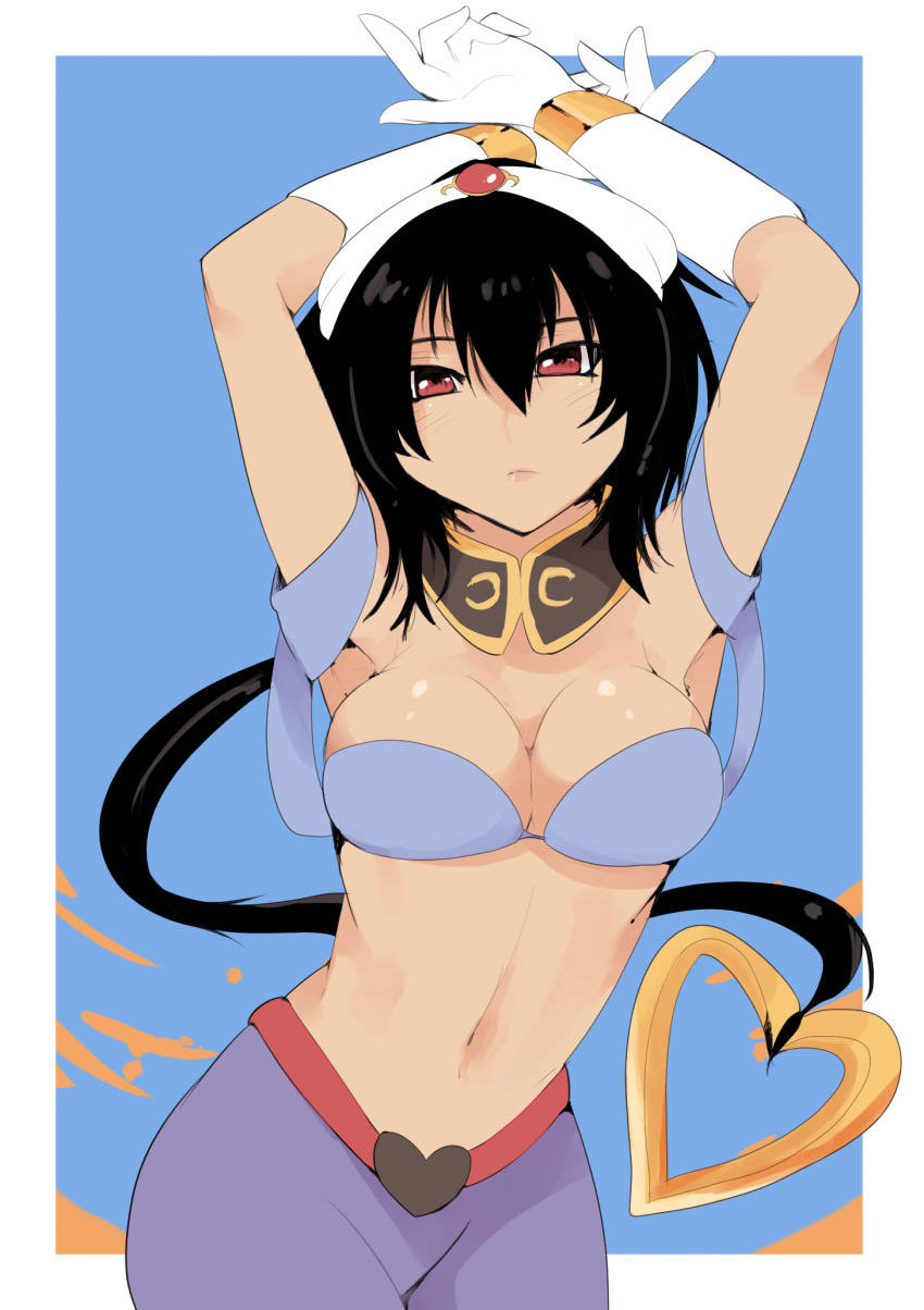 1girl armpits arms_up artist_request bad_link black_hair blue_background breasts cosplay drawfag gloves hair_between_eyes hair_ornament heart heart_hair_ornament highres long_hair medium_breasts midriff mystere_(synduality) navel power_stone red_eyes rouge_(power_stone) rouge_(power_stone)_(cosplay) solo synduality synduality_noir very_long_hair white_gloves white_headwear