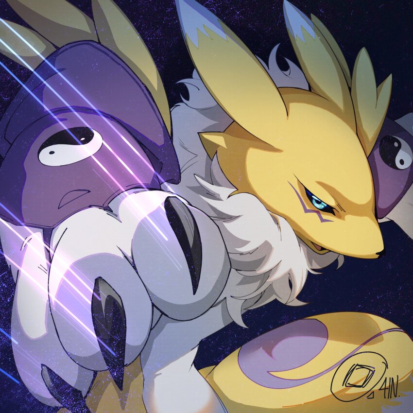 absurdres ain_artisto black_background black_sclera blue_eyes colored_sclera cowboy_shot digimon digimon_(creature) highres kitsune renamon simple_background solo
