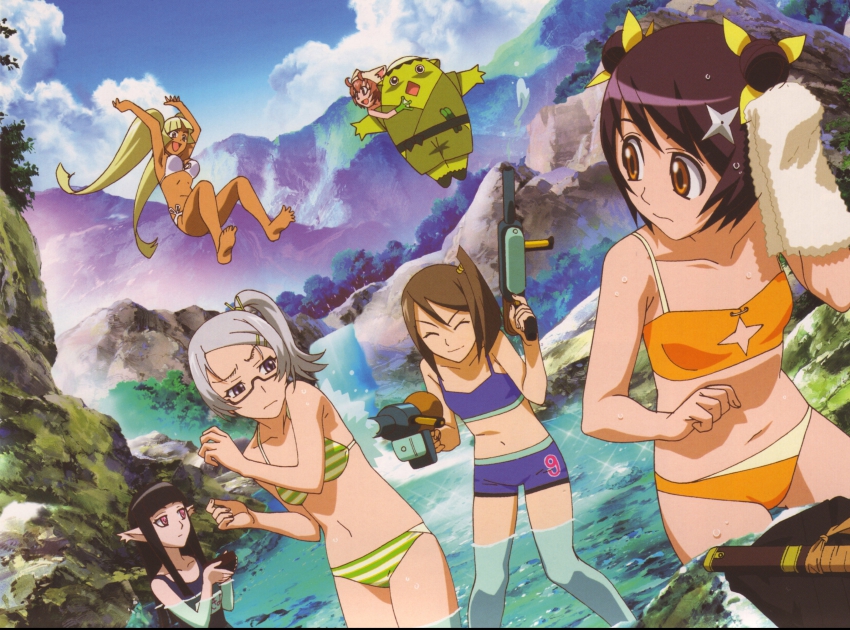 00s 1boy 5girls absurdres animal_ears antenna_hair azami azami_(himawari) barefoot bikini black_hair blonde_hair blue_eyes brown_hair cat_ears closed_eyes cloud dark-skinned_female dark_skin day double_bun dual_wielding everyone feet flat_chest glasses gun hair_bun hat highres himawari himawari! himeji hinata_himawari holding hug jumping kappa long_hair looking_back mountain multiple_girls navel non-web_source official_art okama one-piece_swimsuit onsen orange_eyes outdoors pink_eyes pink_hair pointy_ears purple_hair scan school_swimsuit shikimi shikimi_(himawari) short_hair shorts shuriken side-tie_bikini_bottom side_ponytail silver_hair sky smile striped_bikini striped_clothes swimsuit sword towel trap tsukiyo-hime very_long_hair wading water water_gun waterfall weapon wet white_bikini yonezawa-kun yusura yusura_(himawari)