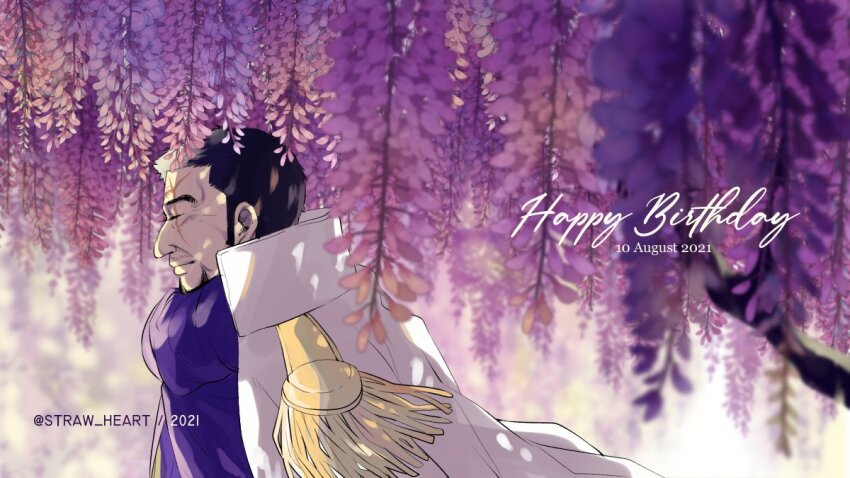 1boy beard black_hair closed_eyes closed_mouth coat collared_coat commentary dated epaulettes facial_hair flower fujitora_(one_piece) happy_birthday male_focus mustache one_piece scar scar_on_face short_hair sideburns solo twitter_username upper_body white_coat wisteria z_hard