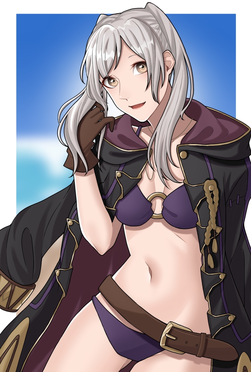 1girl ao_saryaruhu beach belt bikini breasts brown_eyes brown_gloves cleavage clenched_hand coat coat_on_shoulders collarbone eyelashes female_focus female_robin_(fire_emblem) fire_emblem fire_emblem_awakening fire_emblem_heroes gloves gluteal_fold hand_up happy head_tilt highres hood hooded_coat leaning_to_the_side legs long_hair looking_at_viewer medium_breasts midriff navel neck nintendo o-ring o-ring_bikini official_alternate_costume open_mouth outdoors purple_bikini female_robin_(seaside_tactician)_(fire_emblem) sidelocks sky smile standing summer swept_bangs swimsuit thighs twintails white_hair