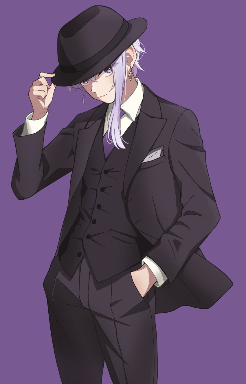 1girl absurdres adjusting_clothes adjusting_headwear alternate_costume black_hat black_jacket black_pants black_suit black_vest closed_mouth collared_shirt commentary_request cowboy_shot earrings formal_clothes hand_in_pocket hat highres jacket jewelry long_sleeves looking_at_viewer necktie open_clothes open_jacket pants purple_background purple_eyes purple_hair purple_necktie sabiwo shirt short_hair simple_background solo suit vest vocaloid voiceroid white_shirt yuzuki_yukari