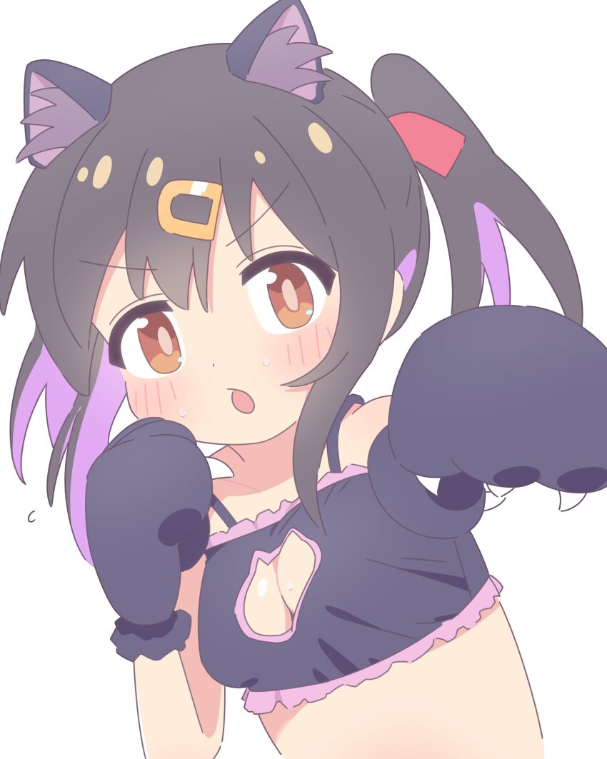 1girl :o achat_8 animal_ear_fluff animal_ears animal_hands bare_arms black_bra black_gloves black_hair blush bra breasts brown_eyes cat_cutout cat_ears cat_lingerie claws cleavage_cutout clothing_cutout commentary cosplay dot_nose frilled_bra frills gloves hair_between_eyes hair_ornament hairclip highres incoming_attack incoming_punch looking_at_viewer medium_breasts meme_attire multicolored_hair onii-chan_wa_oshimai! open_mouth oyama_mahiro oyama_mahiro_(cosplay) oyama_mihari paw_gloves punching purple_hair simple_background solo sweat twintails two-tone_hair underwear underwear_only upper_body white_background