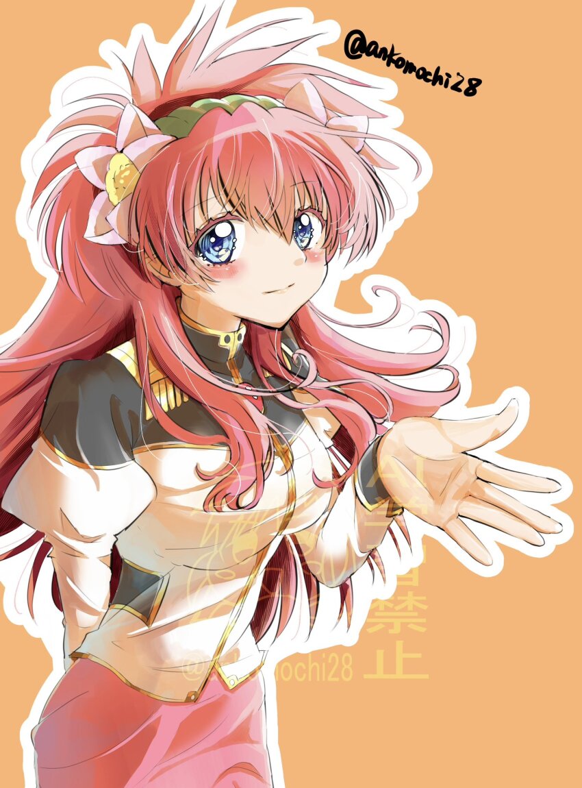 1girl angel_wing_uniform ankomochi28 arm_behind_back blue_eyes blush cowboy_shot flower galaxy_angel green_hairband hair_flower hair_ornament hairband highres long_hair looking_at_viewer milfeulle_sakuraba military_uniform orange_background outstretched_hand pencil_skirt pink_hair skirt solo standing twitter_username watermark