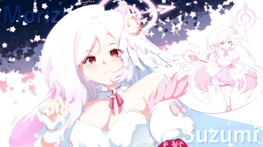 1girl :&gt; alternate_breast_size_(larger) bare_shoulders big_hair blue_archive breasts bustier character_name crescent crescent_hair_ornament detached_collar detached_sleeves double-parted_bangs gradient_hair hair_ornament head_wings highres large_breasts light_blush long_hair looking_ahead magical_girl mole mole_under_eye multicolored_hair multiple_views neck_ribbon official_alternate_costume pink_hair pink_ribbon portrait red_eyes ribbon single_head_wing sketch_inset star_(symbol) star_symbol_background suzumi_(blue_archive) suzumi_(magical)_(blue_archive) uug_naa white_hair wings