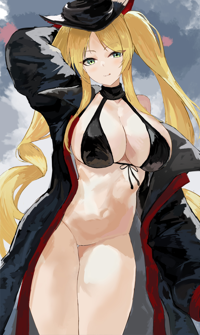 1girl absurdres arm_behind_head arm_up azur_lane bare_shoulders bikini bikini_top_only black_bikini black_choker black_coat black_hat black_skirt blonde_hair bottomless breasts choker cleavage coat front-tie_bikini_top front-tie_top green_eyes hat highres hornet_(azur_lane) hornet_(meta)_(azur_lane) large_breasts long_hair looking_at_viewer navel no_pussy off_shoulder parted_bangs sideboob skirt smile solo suo_bu_ye_feng swimsuit thighs twintails very_long_hair
