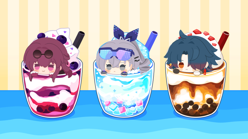 1boy 2girls :&lt; absurdres blade_(honkai:_star_rail) blue_bow blue_hair blush bow chibi chibi_only commentary_request crossed_bangs cup drill_hair drinking_straw earrings eyewear_on_head food gradient_hair grey_hair hair_between_eyes hair_bow hair_ornament hair_over_one_eye hairclip highres honkai:_star_rail honkai_(series) in_food jewelry kafka_(honkai:_star_rail) multicolored_hair multiple_girls orange_eyes parfait pink_eyes purple_hair rizu_(rizunm) silver_wolf_(honkai:_star_rail) single_earring smile striped_background sunglasses tassel tassel_earrings tinted_eyewear yellow_background