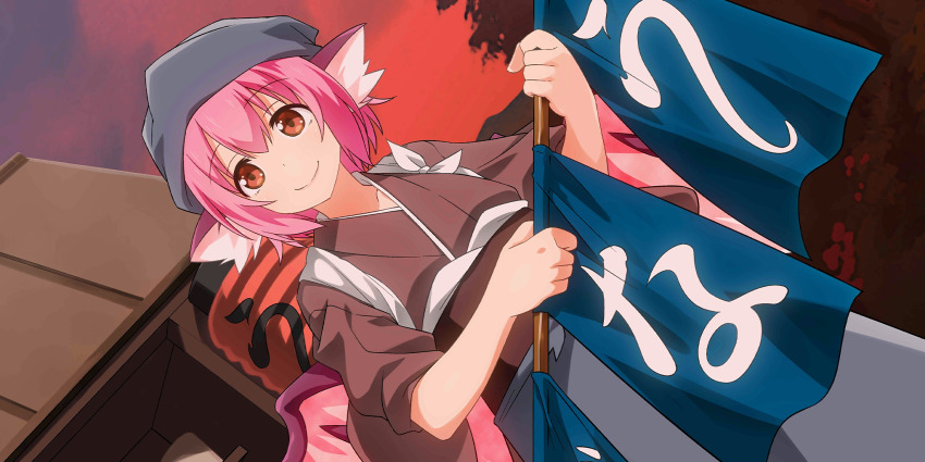 1girl alternate_costume animal_ears apron bird_ears bird_wings blue_apron blue_headscarf brown_eyes brown_kimono brown_sash closed_mouth commentary english_commentary evening food_stand game_cg headscarf highres holding japanese_clothes kimono lantern mystia_lorelei obi obiage official_art okamisty outdoors paper_lantern pink_hair sash short_hair smile solo tasuki third-party_source touhou touhou_lostword umekichi wings yatai
