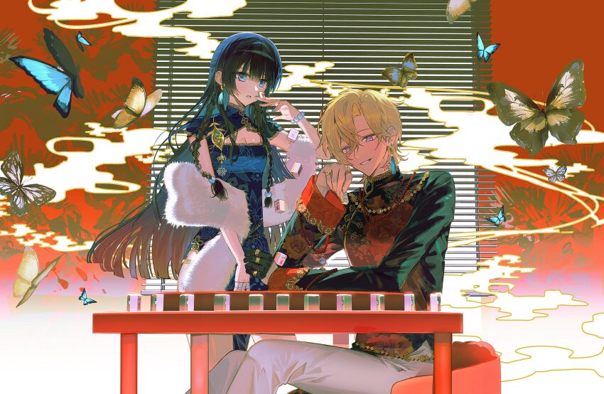 1boy 1girl aqua_eyes aventurine_(honkai:_star_rail) blonde_hair braid breasts bug butterfly chinese_clothes cleavage green_hair grin highres honkai:_star_rail honkai_(series) insect long_hair looking_at_viewer mahjong mahjong_tile oc_x_canon original pants piyoyono_sekai purple_eyes short_hair sitting smile standing teeth twin_braids white_pants