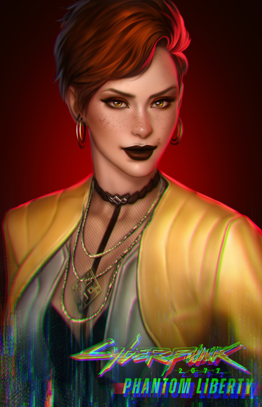 1girl absurdres aurore_cassel black_corset brown_eyes brown_lips chromatic_aberration corset cyberpunk_(series) cyberpunk_2077 earrings english_text fishnet_top fishnets gradient_background highres jacket jewelry kodiart96 logo looking_at_viewer necklace open_clothes open_jacket red_background red_hair short_hair solo upper_body yellow_jacket
