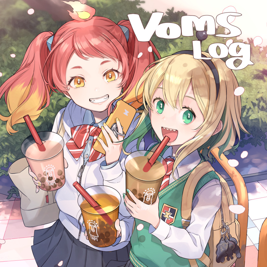 2girls :d absurdres amano_pikamee backpack bag black_hairband black_skirt blonde_hair blue_hairband blue_shirt bow bowtie bright_pupils bubble_tea bush cellphone cherico clenched_teeth colored_inner_hair commentary cup disposable_cup dress_shirt drinking_straw from_side green_eyes green_hair green_nails green_sweater green_sweater_vest grin gyari_(bird) hairband highres hikasa_tomoshika holding holding_cup holding_phone hood hood_down hoodie charm_(object) long_sleeves looking_at_viewer multicolored_hair multiple_girls nail_polish necktie open_mouth outdoors petals phone pleated_skirt red_bow red_hair sharp_teeth shirt short_eyebrows shoulder_bag skirt smartphone smartphone_case smile striped_bow striped_bowtie striped_clothes striped_neckwear sweater sweater_vest teeth tote_bag twintails two-tone_hair upper_body virtual_youtuber voms white_bow white_hoodie white_pupils wing_collar yellow_eyes yellow_nails zipper zipper_pull_tab