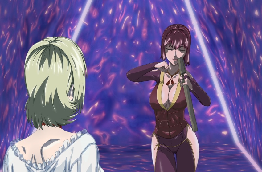 2girls bible_black bible_black_new_testament blonde_hair breasts cleavage closed_eyes curvy dancing dress jody_crowley large_breasts magic meme multiple_girls nightgown red_hair shikairo_days_dance_(meme) shikanoko_nokonoko_koshitantan shin_bible_black short_hair smile takashiro_hiroko tight_clothes white_dress witch