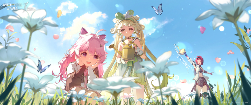3girls absurdres black_bow blonde_hair blue_sky bow chixia_(wuthering_waves) closed_eyes clothes_around_waist commentary copyright_notice day dress encore_(wuthering_waves) english_commentary field fingerless_gloves flower flower_field gloves green_dress green_eyes green_hairband hair_bow hairband hands_on_own_face highres holding holding_watering_can logo long_hair looking_at_flowers multiple_girls official_art open_mouth outdoors pink_bow pink_hair pink_pupils purple_eyes red_gloves red_hair red_shorts short_hair shorts sky smile stomach verina_(wuthering_waves) watering_can white_gloves wuthering_waves