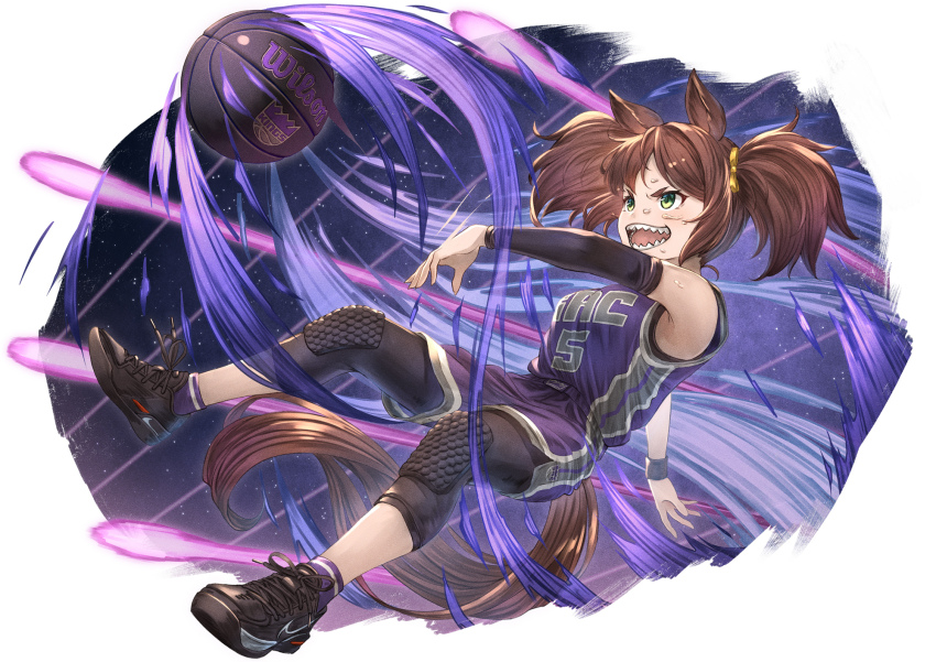 1girl animal_ears arm_warmers ball basketball basketball_(object) basketball_jersey black_shoes brown_hair green_eyes highres horse_ears horse_girl horse_tail inari_one_(umamusume) knee_pads long_hair national_basketball_association purple_shorts sacramento_kings sharp_teeth shoes shorts sneakers socks solo sweat tail teeth twintails umamusume wilson_sporting_goods yakkuro