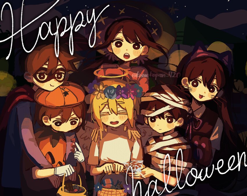 2girls 4boys :3 alternate_costume angel angel_wings animal_ear_hairband animal_ears antenna_hair artist_name aubrey_(faraway)_(omori) aubrey_(omori) basil_(faraway)_(omori) basil_(omori) basket black_eyes black_hair black_mask black_shirt black_sweater_vest blonde_hair blush bright_pupils brother_and_sister brothers brown_hair candy cat_ear_hairband cat_ears closed_eyes closed_mouth collared_shirt domino_mask double-parted_bangs eye_mask fake_animal_ears fake_halo fake_wings flower flower_wreath food gloves hair_between_eyes hairband halloween_costume halo happy_halloween hat head_wreath hero_(faraway)_(omori) hero_(omori) highres holding holding_basket holding_candy holding_food kel_(faraway)_(omori) kel_(omori) komekopan_720 long_hair long_sleeves looking_at_viewer low_twintails mari_(faraway)_(omori) mari_(omori) mask multiple_boys multiple_girls mummy_costume night omori open_mouth outdoors shirt short_hair short_sleeves siblings sidelocks smile sunny_(omori) sweater_vest t-shirt teeth twintails twitter_username upper_teeth_only white_gloves white_pupils white_shirt wings witch_hat