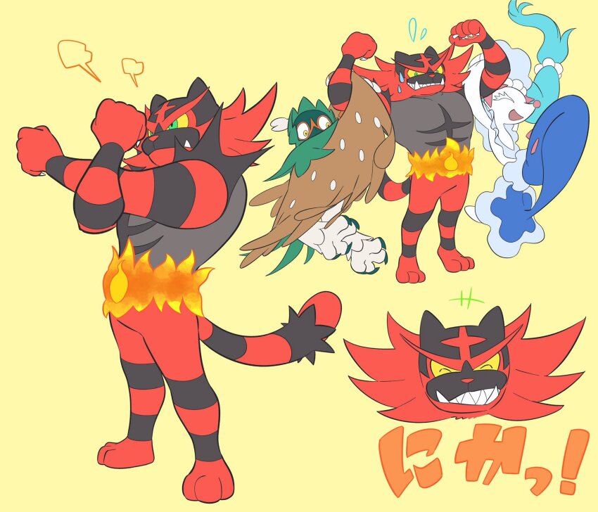 +++ claws closed_eyes closed_mouth colored_sclera commentary_request decidueye facing_viewer fang fang_out flexing flying_sweatdrops gen_7_pokemon green_eyes grin highres incineroar multiple_views nintendo pkpokopoko3 pokemon pokemon_(creature) pokemon_focus primarina smile standing sweat teeth yellow_background yellow_sclera