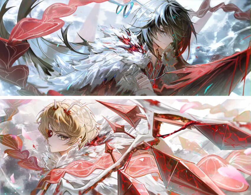 2boys black_eyes black_hair blonde_hair blood bloody_wings closed_mouth coat e.g.o_(project_moon) eastern_dragon_horns ellen6468 hagoromo heterochromia highres hong_lu_(project_moon) horn_ornament horn_ring horns limbus_company looking_at_viewer multiple_boys project_moon shawl sinclair_(project_moon) smile tears_of_the_tarnished_blood_(e.g.o) white_coat wings yellow_eyes