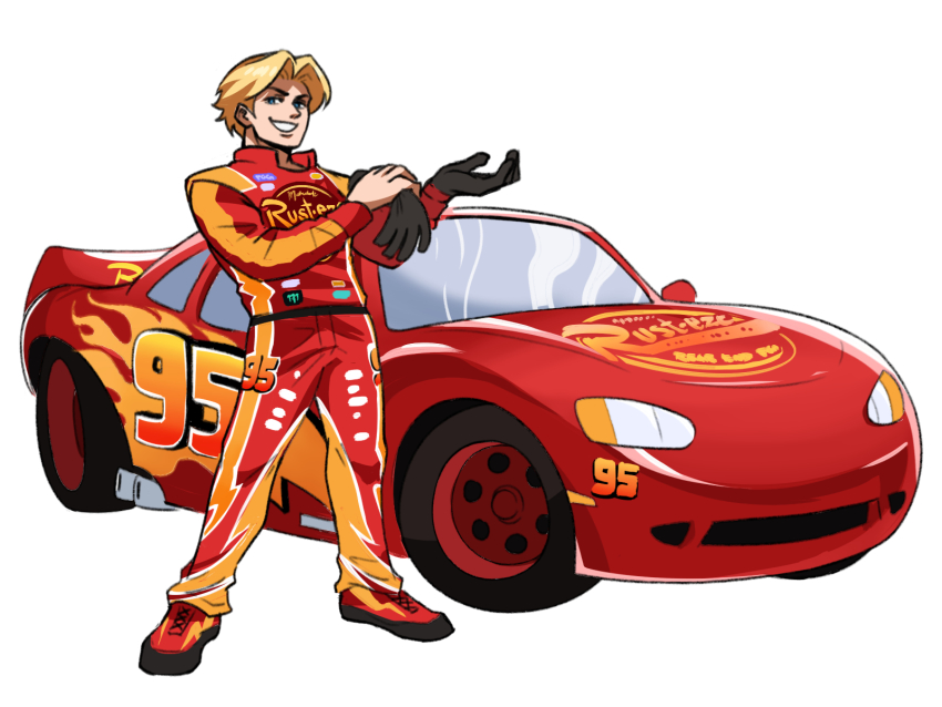 1boy black_gloves blonde_hair car cars_(movie) gloves green_eyes grin highres lightning_mcqueen male_focus motor_vehicle personification putting_on_gloves racing_suit red_car smile solo tina_fate unworn_gloves vehicle_and_personification vehicle_focus