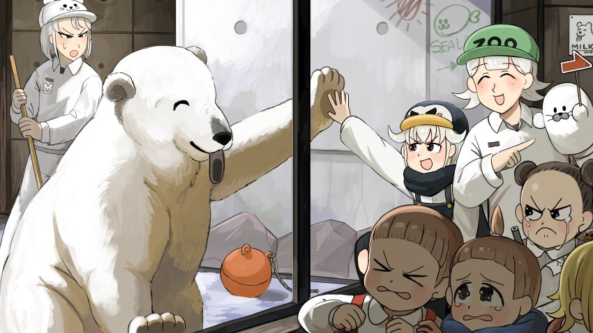 &gt;_&lt; 6+girls :d absurdres bear bear_hat bird black_hair black_overalls black_scarf blonde_hair brown_hair closed_eyes commentary crying crying_with_eyes_open diva_(hyxpk) double_bun duck english_commentary frown green_hat grey_hair hair_bun hat highres multiple_girls open_mouth overalls pants pencil penguin_fan_(diva) penguin_hat penguin_keeper_(diva) polar_bear polar_bear_keeper_(diva) scared scarf seal_keeper_(diva) seal_puppet shirt short_hair slice_of_life smile survey_girl_(diva) tears tongue tongue_out white_headwear white_pants white_shirt zoo zookeeper zookeepers_(diva)