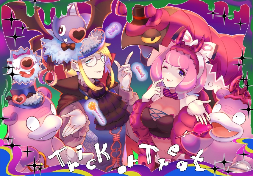 1boy 1girl alternate_costume ascot avery_(pokemon) blonde_hair blue_eyes blue_vest breasts candy_wrapper cape character_print cleavage closed_mouth commentary_request covered_navel eyeshadow fang fang_out galarian_slowbro gen_5_pokemon glasses halloween hands_up hat highres index_finger_raised jacket klara_(pokemon) leotard long_hair long_sleeves makeup mole mole_under_mouth nail_polish nintendo pink_eyeshadow pink_hair pink_lips pink_nails pokemon pokemon_(creature) pokemon_swsh popped_collar purple_jacket round_eyewear scolipede see-through_clothes see-through_leotard smile sparkle swoobat trick_or_treat tudurimike vest woobat