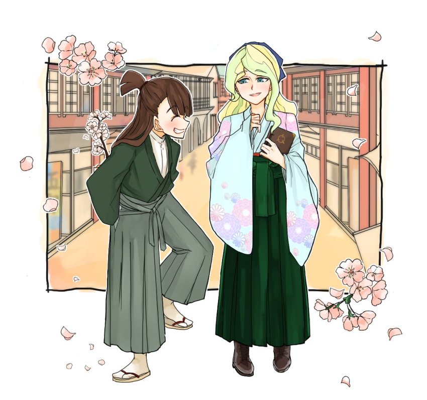 2girls artist_request blonde_hair book cherry_blossoms commentary_request diana_cavendish closed_eyes grin hakama hakama_pants japanese_clothes kagari_atsuko kimono little_witch_academia multiple_girls pants petals smile taishou_era town