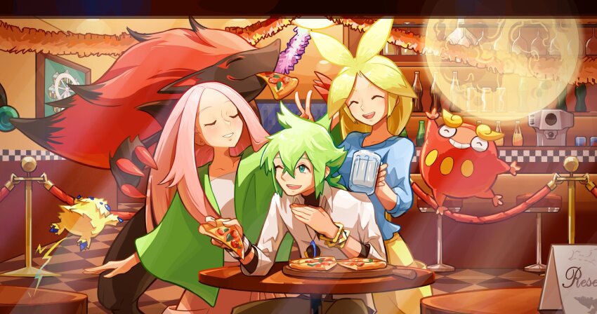 1boy 2girls ;d anthea_(pokemon) blonde_hair blue_eyes blue_shirt closed_eyes concordia_(pokemon) darumaka ffccll food game_freak gen_5_pokemon green_hair hair_between_eyes highres holding holding_food holding_pizza indoors joltik long_hair multiple_girls n_(pokemon) nintendo one_eye_closed open_mouth pants pink_hair pink_skirt pizza pizza_slice pokemon pokemon_(creature) pokemon_bw shirt sitting skirt smile v white_shirt yellow_skirt zoroark