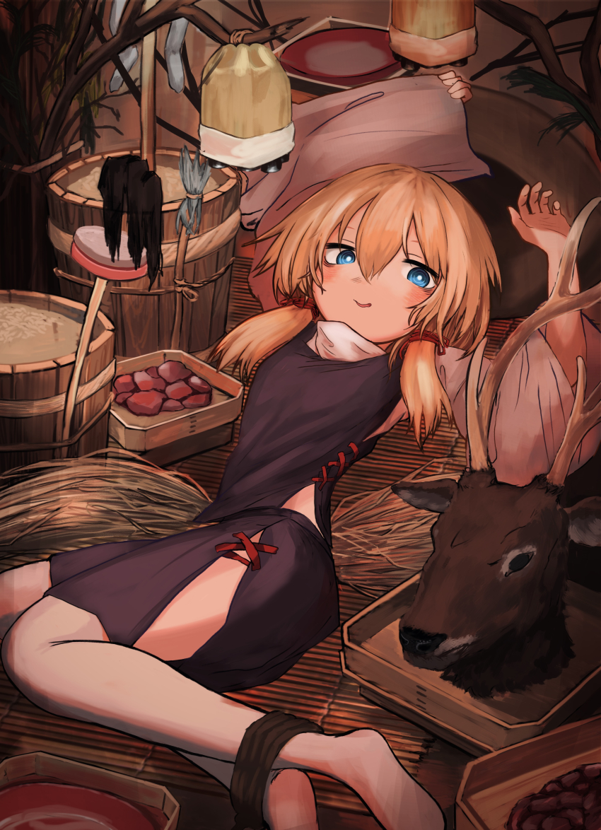 1girl absurdres blonde_hair blue_eyes bucket hair_between_eyes hair_ribbon highres long_hair long_sleeves moriya_suwako neritch no_headwear open_mouth purple_skirt purple_vest red_ribbon restrained ribbon ringed_eyes shirt skirt solo thighhighs touhou tress_ribbon vest white_shirt white_thighhighs wide_sleeves