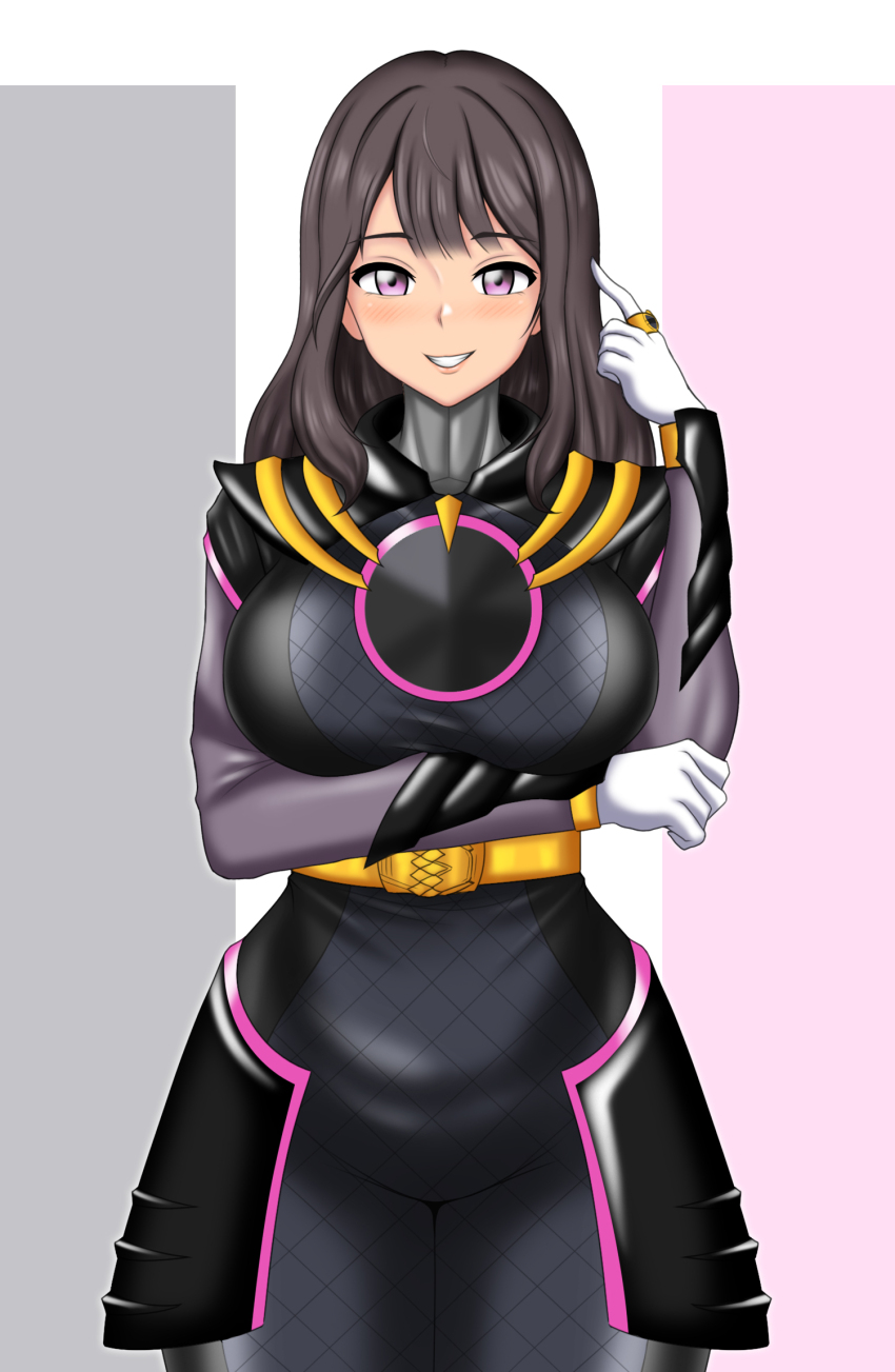 1girl adk-em bandai bandai_namco black_hair bodysuit buckle claws gozyu_unicorn highres ichikawa_sumino jewelry mask no.1_sentai_gozyuger no_headwear pin_up purple_eyes ring sentairing sentairing:_gozyu_unicorn solo super_sentai toei_company tokusatsu treezero tsumegabuckle tv_asahi unworn_mask