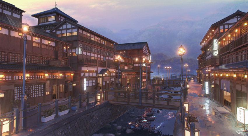 3d absurdres architecture blender_(medium) bridge building canal commentary_request doorway east_asian_architecture fog forest highres huge_filesize lamppost lantern lights making-of_available mountain nature no_humans original pavement perspective railing reflection sachiko15 scenery sign sky sunrise tile_roof vanishing_point water wet_ground window