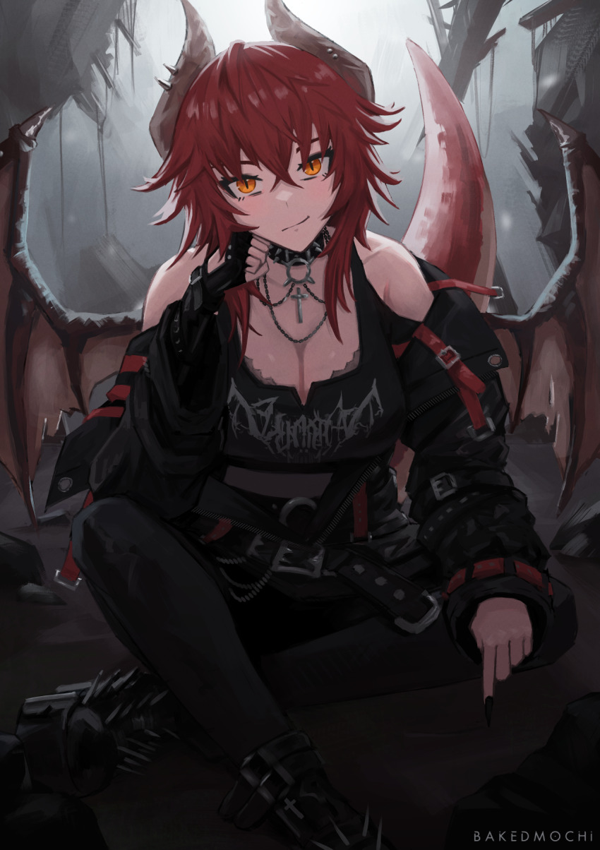 1girl bakedmochi black_collar black_gloves black_jacket black_nails black_pantyhose black_shirt black_shorts breasts cleavage collar dragon_girl dragon_tail dragon_wings fingerless_gloves gloves head_rest highres jacket large_breasts looking_at_viewer nail_polish pantyhose red_hair shirt short_hair shorts slit_pupils smile solo spiked_collar spikes tail virtual_youtuber vshojo wings yellow_eyes zentreya zentreya_(dragon) zentreya_(dragon)_(metalheads) zentreya_(dragon)_(metalheads)