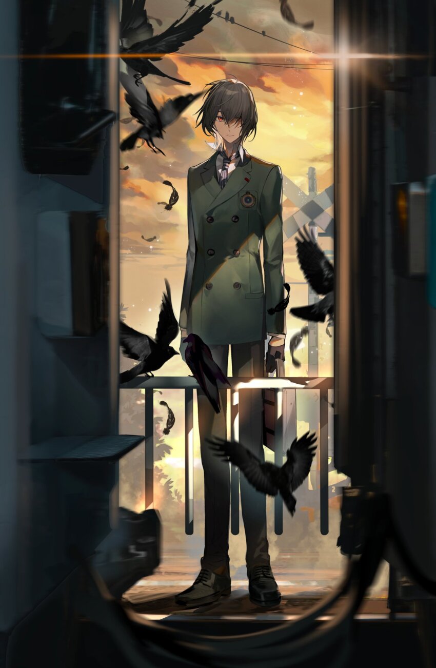1boy akechi_gorou ameinu animal bird brown_eyes buttons cloud crow feathers full_body gloves hair_between_eyes highres jacket long_sleeves looking_at_viewer male_focus necktie pants persona persona_5 short_hair sky solo standing twilight