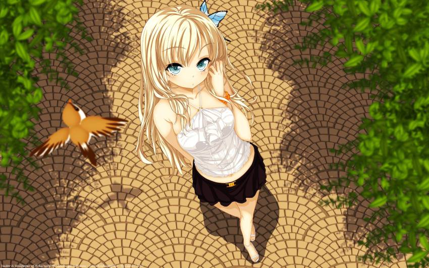 10s 1girl arm_behind_back artist_request bare_legs bare_shoulders belt bird blonde_hair blue_eyes blurry boku_wa_tomodachi_ga_sukunai bracelet butterfly_hair_ornament collarbone crossed_legs depth_of_field derivative_work eyelashes female_focus foreshortening frills hair_ornament halterneck hand_in_own_hair highres jewelry jpeg_artifacts kashiwazaki_sena leaf long_hair looking_at_viewer midriff navel pleated_skirt sandals sett shadow skirt solo sparrow standing sunlight tucking_hair vector_trace watermark watson_cross