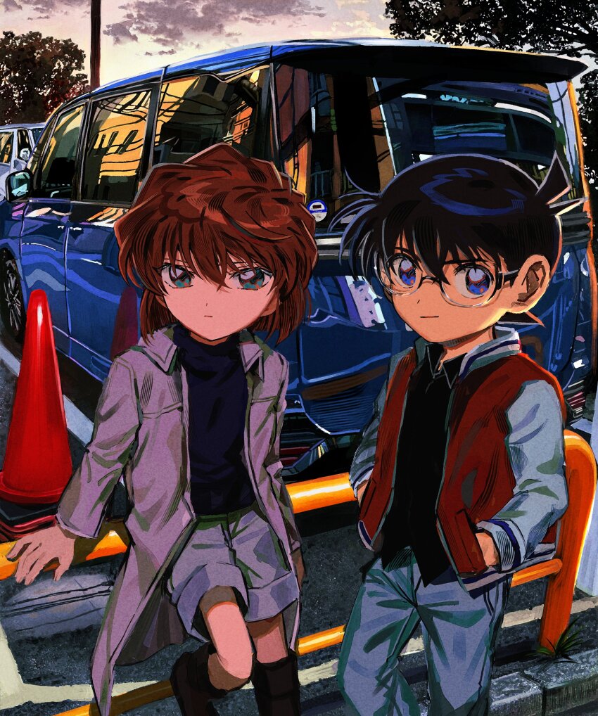 1boy 1girl absurdres aqua_eyes black_hair blue_eyes blue_pants boots brown_boots brown_hair car closed_mouth coat edogawa_conan glass grey_coat grey_shorts haibara_ai hands_in_pockets highres jacket leaning_on_object looking_at_viewer meitantei_conan motor_vehicle open_clothes open_coat open_jacket outdoors pants segami short_hair shorts traffic_cone tree
